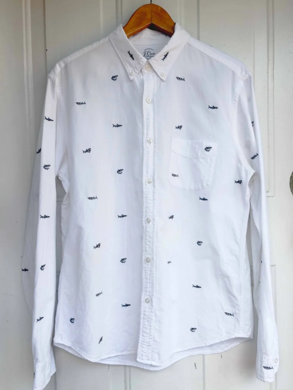 J.Crew Men Large Slim White Shark Embroidered Oxford Shirt Button Down Cotton
